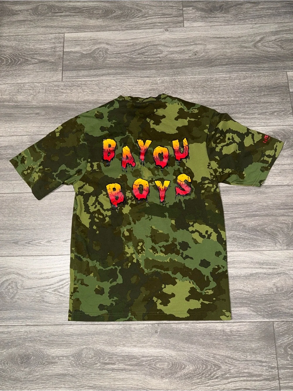 Jordan Green Camo Short Sleeve Tee with Multicolor Chest Graphic